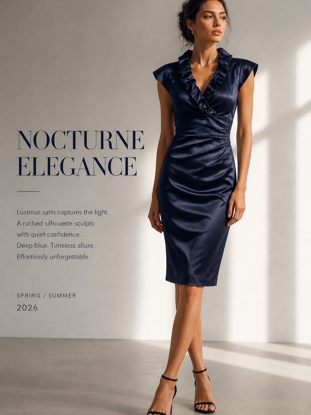 Xscape Navy Satin Ruffled V‑Neck Midi Dress